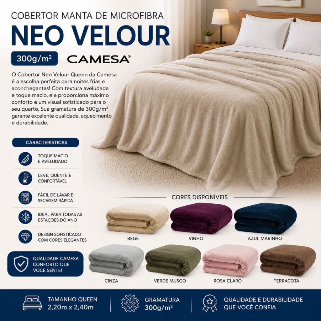 Manta Casal Queen Grossa Microfibra Neo Velour 300g/m² 2,20x2,40m Camesa