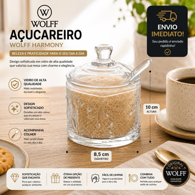 Kit Açucareiro com Colher New Butterfly Vidro Cristal LYOR Elegante Sofisticado Mesa Posta Cozinha