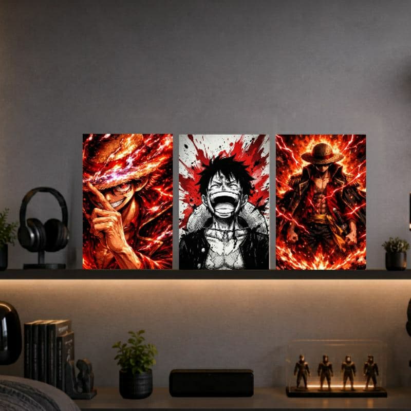 kit 3 placas decorativas anime, Luffy, decoração para quarto, geek, séries, desenhos