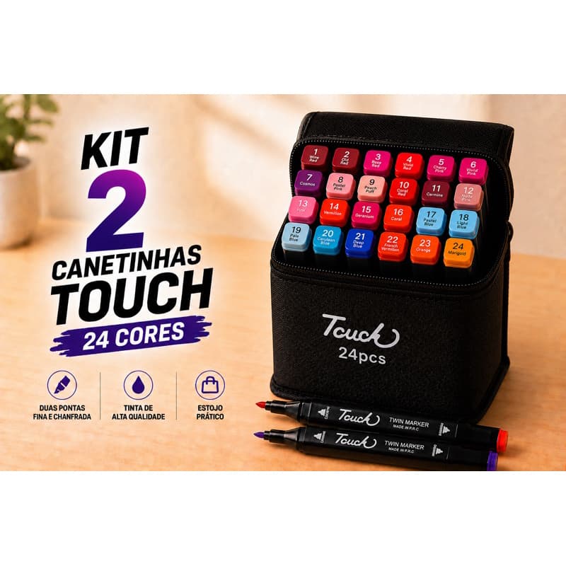 Kit 2 Estojos Canetinhas Marcadoras Ponta Dupla 24 Cores Para Desenho Pintura