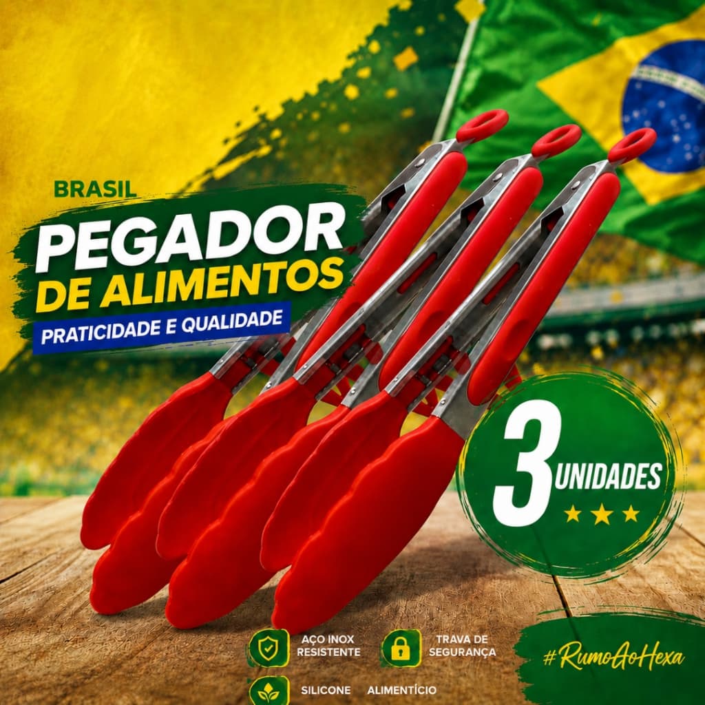Kit 3/2/1 Pegador Silicone e Inox com Apoio Multiuso Carne Salada Massas Buffet