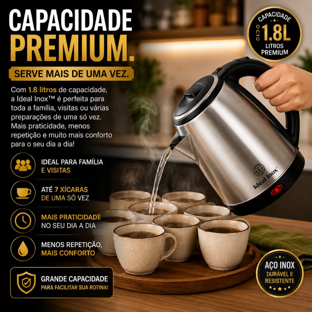 Chaleira Eletrica Inox 1.8 Litros Rápida 1500 Watts 220V Segura Resistente Domestica Profissional