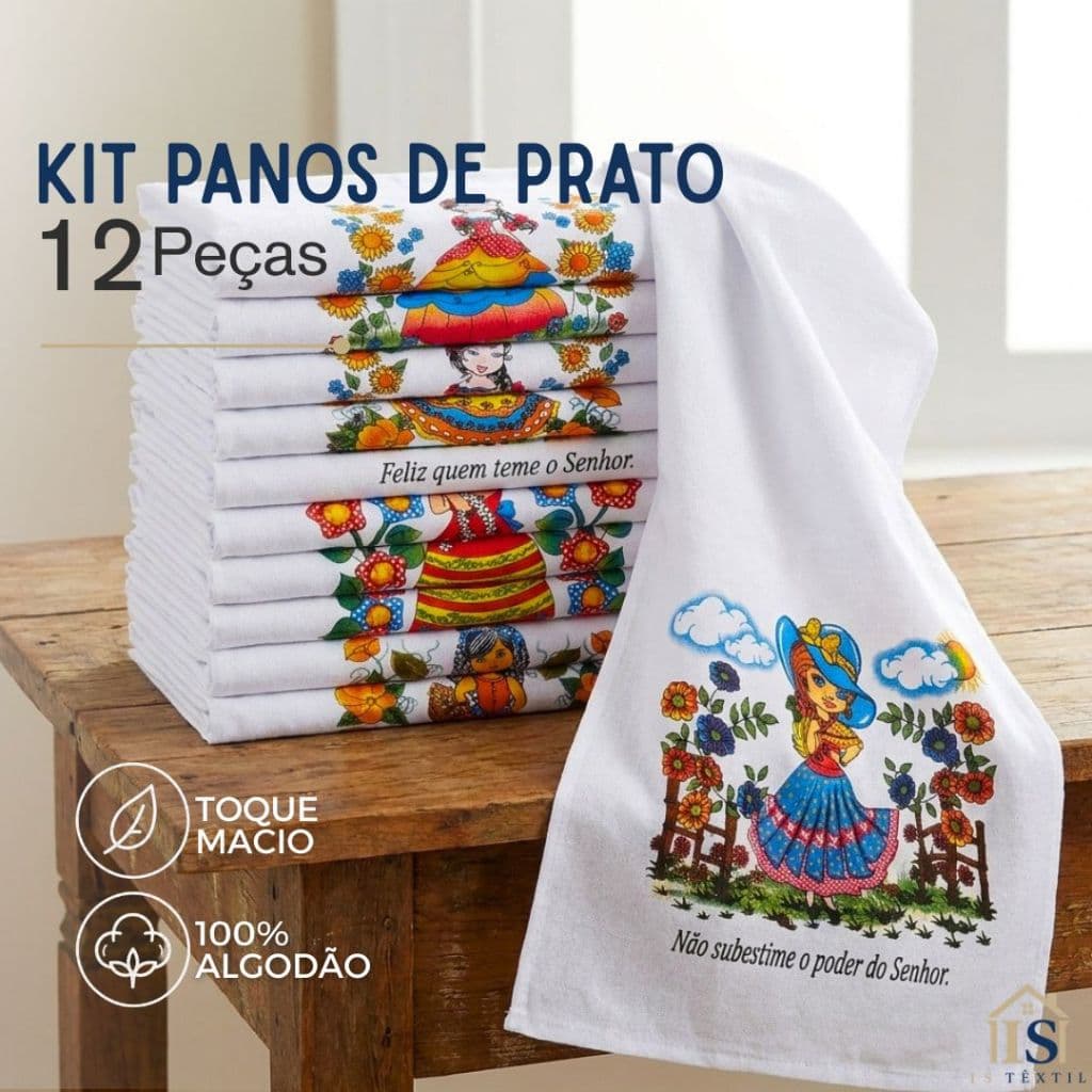Kit 12 Panos De Prato 100% Algodão Estampados com Frases Toque Macio Alta Absorção