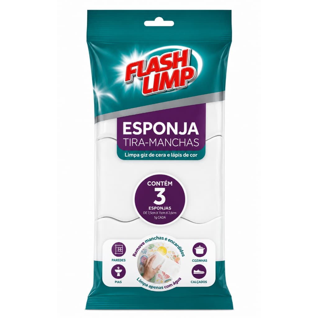 Pac Com 3 Esponja Mágica Tira Manchas Flash Limp Limpeza pesada
