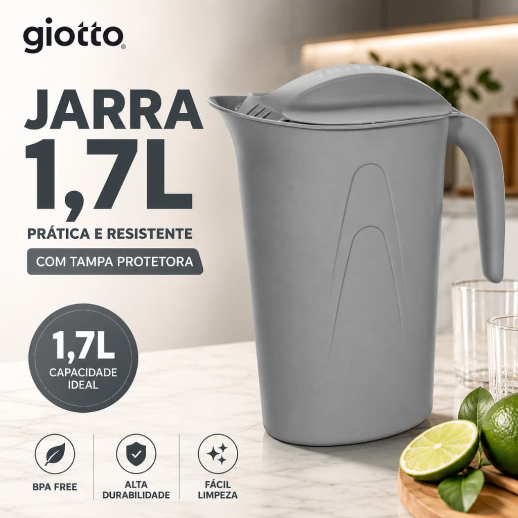 Jarra para Suco 1,7L Cinza com Tampa e Alça Água Bebidas Cozinha Geladeira Resistente Giotto