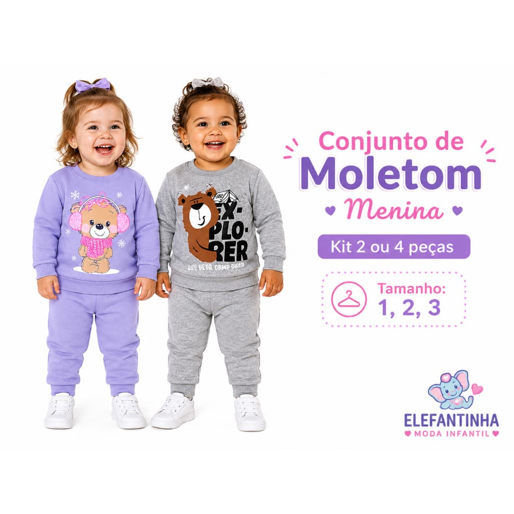 Kit 4 peças Conjunto de Moletom Infantil Menina