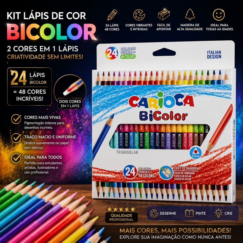 Kit Lapis Cor Madeira Bicolor Duas Cores 24 Pecas Alta Qualidade Profissional