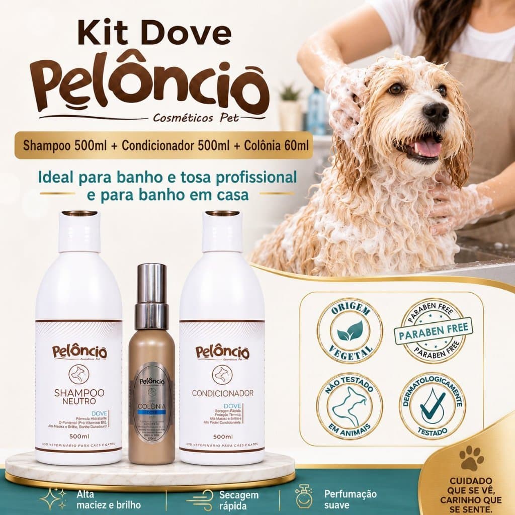 Kit Banho Cães E Gato Pelôncio: Shampoo + Condicionador + Colônia Pet Shop Profissional Banho e tosa