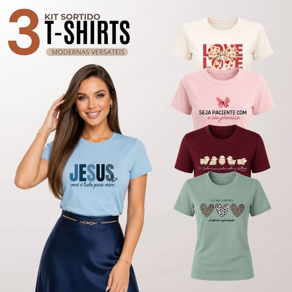 Kit 3 T-shirt Feminina Manga Curta Gola Redonda Malha 100% Algodão Premium Roupas Femininas