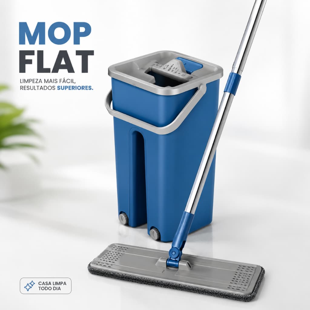 Kit com Mop Flat Lava e Seca 5L + 2 Refis Microfibra Rodo Giratório Limpeza Prática Casa Cozinha