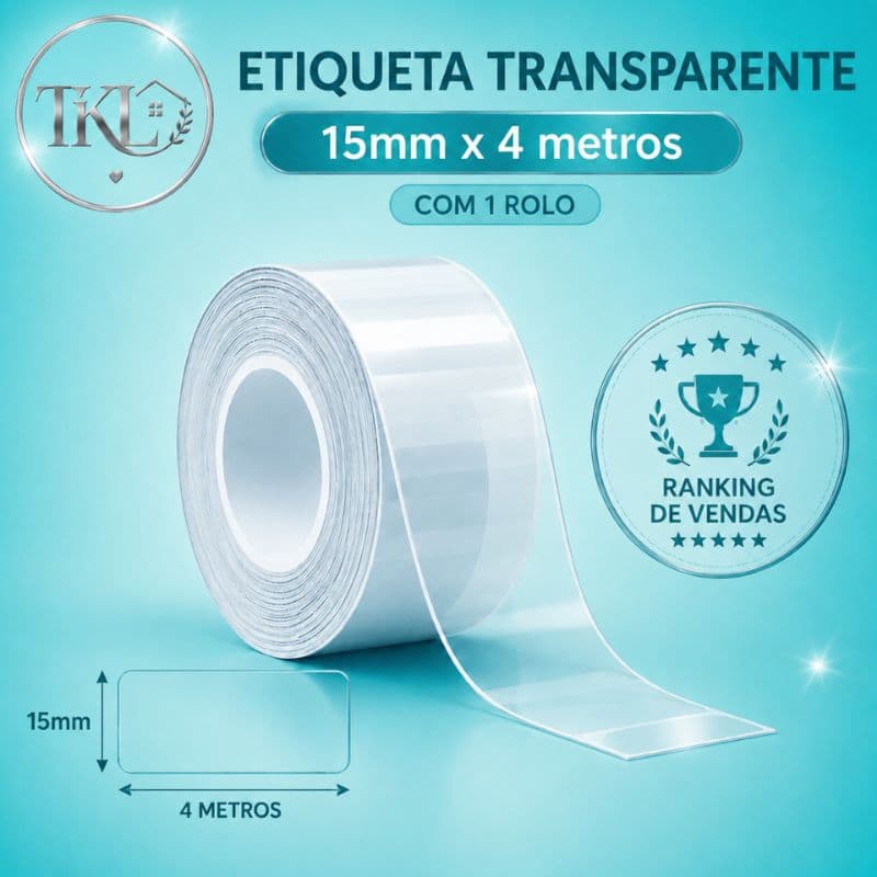 Rolo Bobina Papel Etiqueta Térmica TRANSPARENTE CONTÍNUO Adesiva para Mini Impressora Portátil –15mm*4 metros
