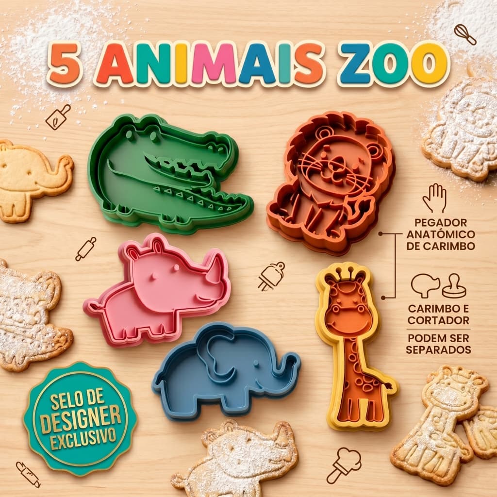 🦁 Kit 5 Cortadores e Carimbos de Biscoito com pegador - 5 Animais Zoo - designer exclusivo🦒
