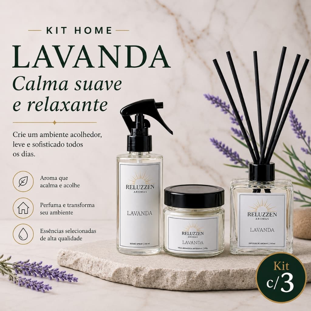 Kit Aromatizador Lavanda Difusor de Ambiente com Varetas Home Spray Vela Aromática Perfume para Casa