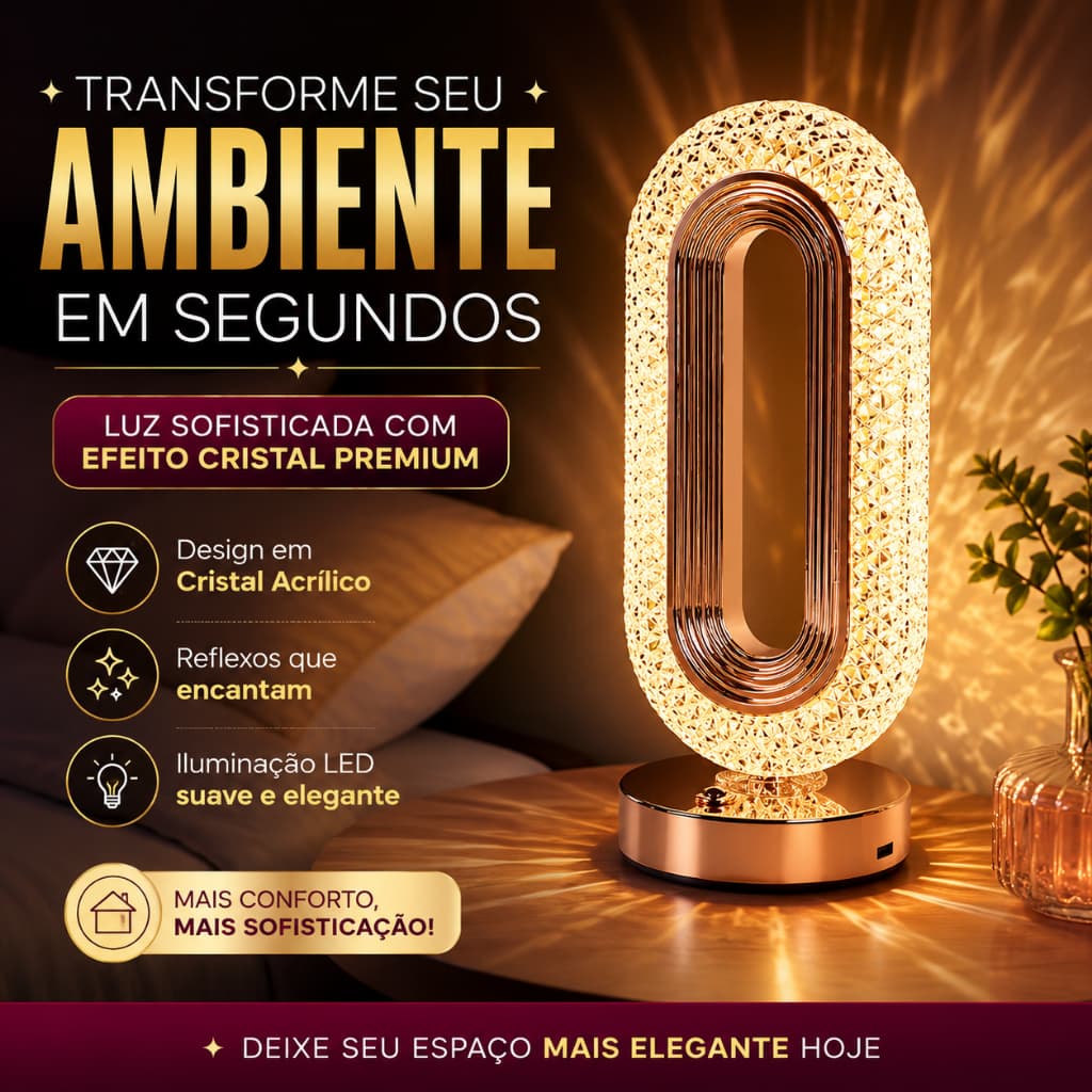 Abajur Cristal LED Touch Recarregável USB RGB 16 Cores Controle Remoto Retrô