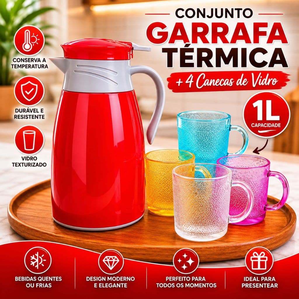 Conjunto Garrafa Térmica 1L com 4 Canecas de Vidro  | Kit Café Chá Mesa Posta Elegante Decorativa