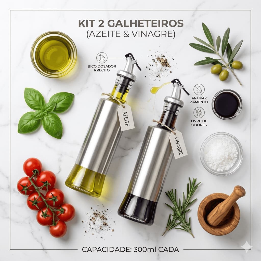 KIT 2 Galheteiros Dosador Vidro Transparente 300Ml Azeite Vinagre Tampa Inox Pratico Duravel