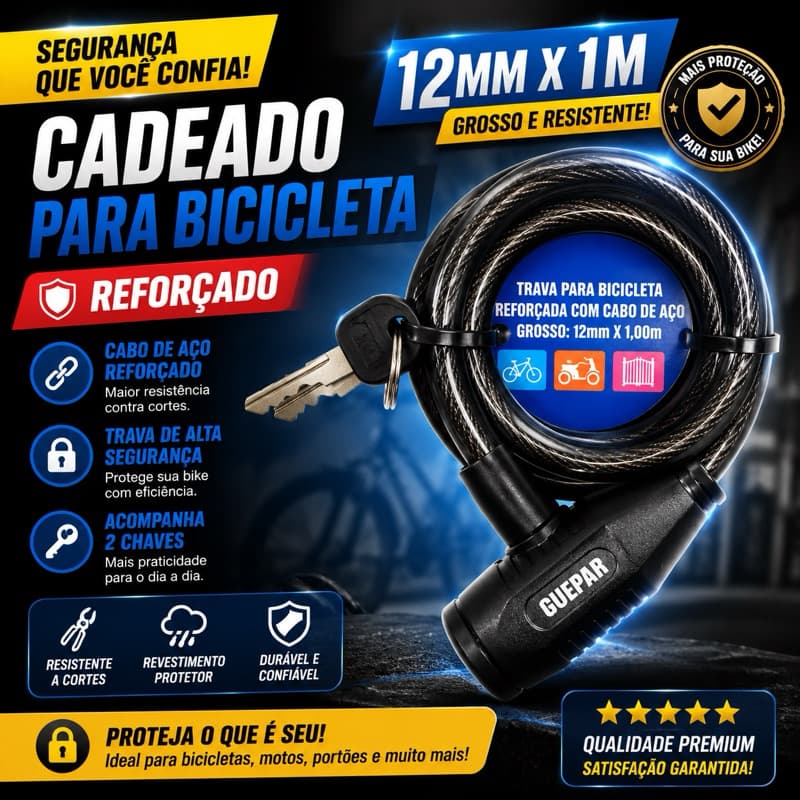 Cadeado Bicicleta Reforçado Cabo Aço 12mm x 1m Com 2 Chaves