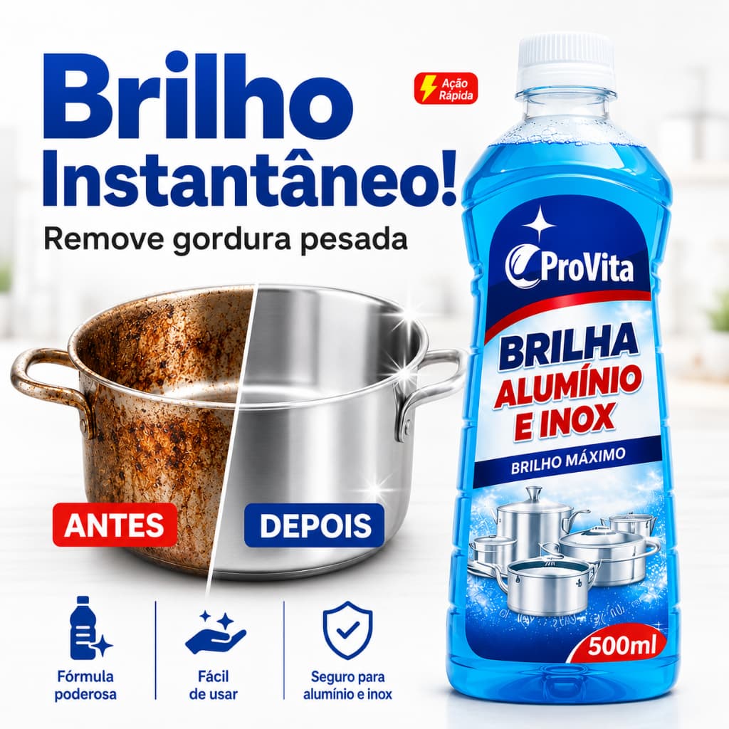 Brilha Alumínio Inox Provita 500Ml Limpa Panelas Utensílios Cozinha Brilho Remove Gordura Manchas
