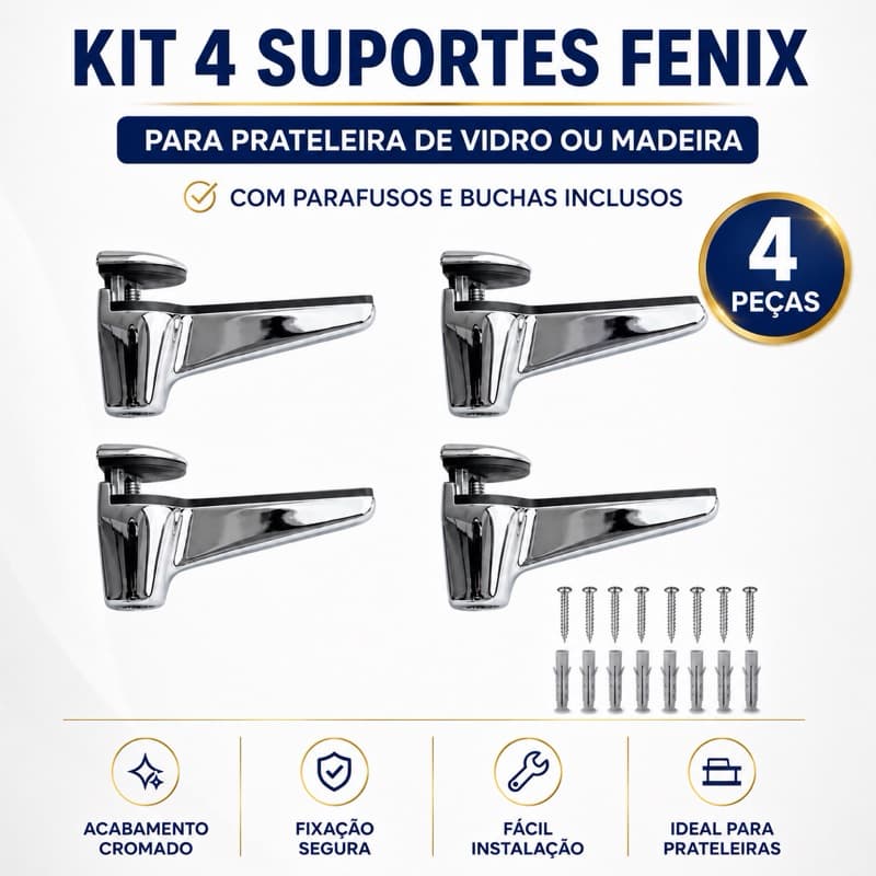4 Unidades Suporte FENIX para Prateleira Vidro/Madeira com Parafusos e Buchas incluidos