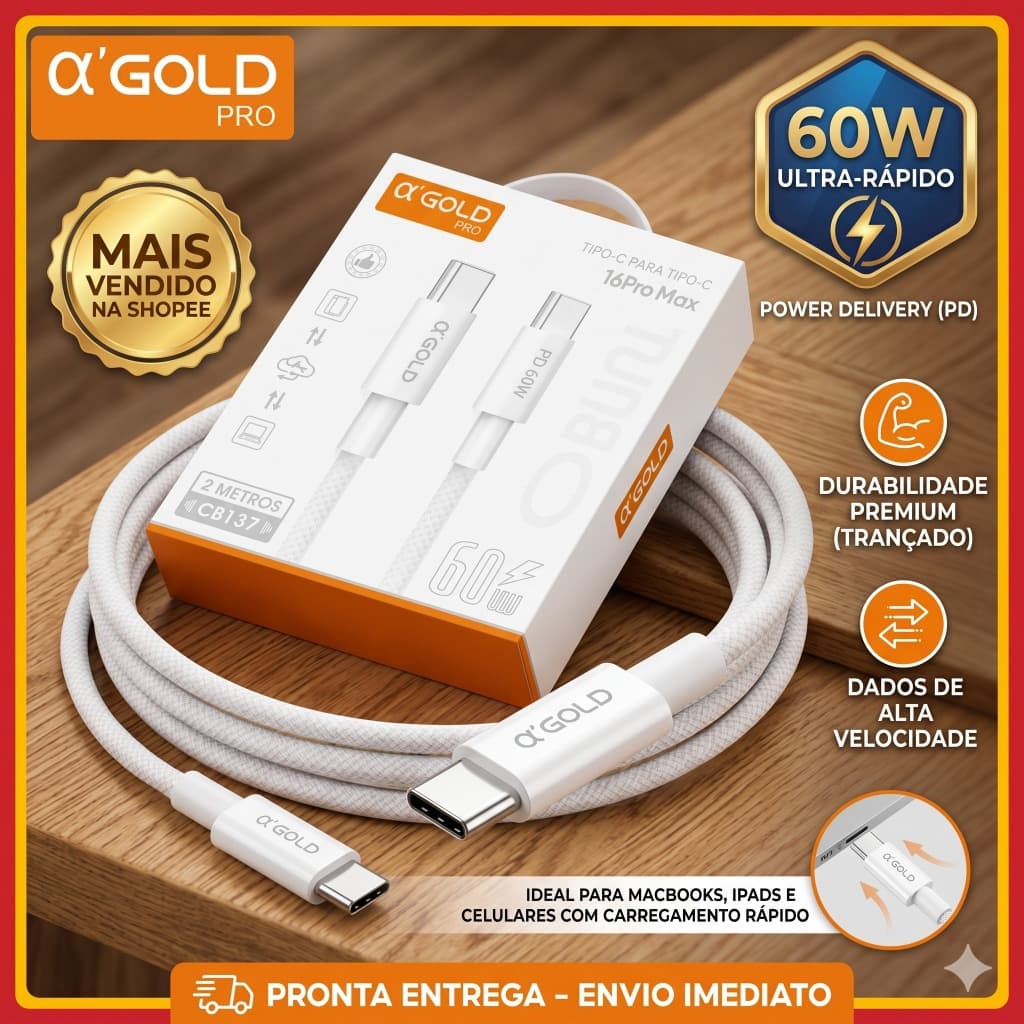 Cabo Tipo C- Tipo C Turbo 60W Carregamento super rápido original A’Gold Cabo PD Tipo c CB133 CB137