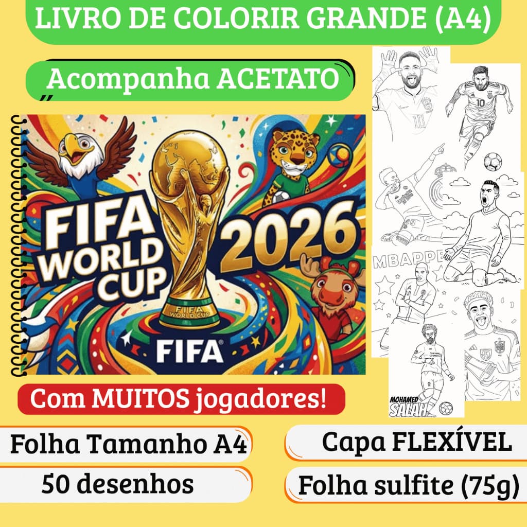 Caderno de Colorir Copa do Mundo 2026 Futebol  - Grande A4, Capa Flexível, Acetato, 50 desenhos (Álbum Figurinha Copa)