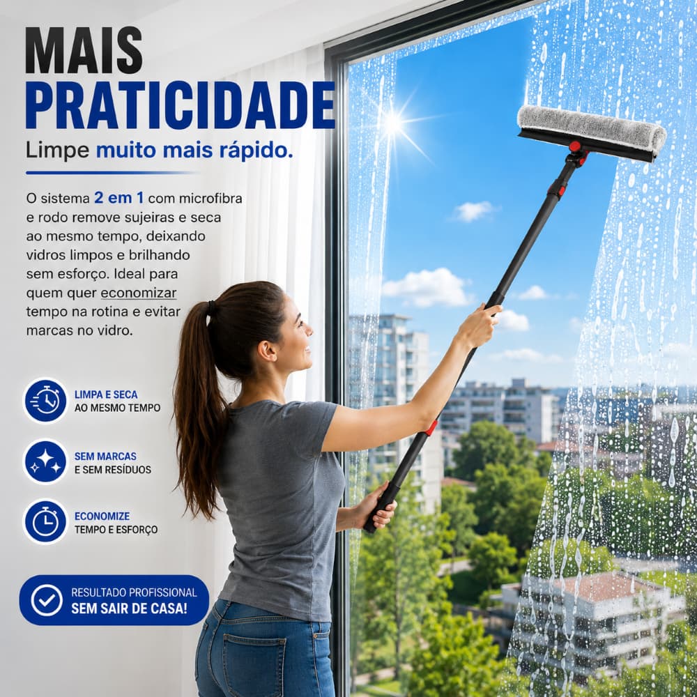 Limpa Vidros Profissional 2 em 1 Cabo Extensível Até 150cm Limpeza Sem Esforço