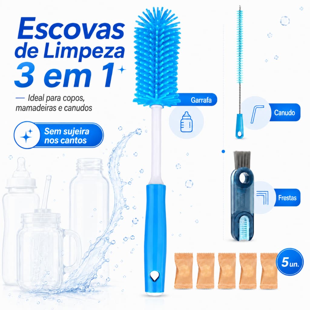 Kit 3 Peças Escovas de Limpeza Multifuncionais com Cabo Longo para Copos, Garrafas, Canudos e Tampas