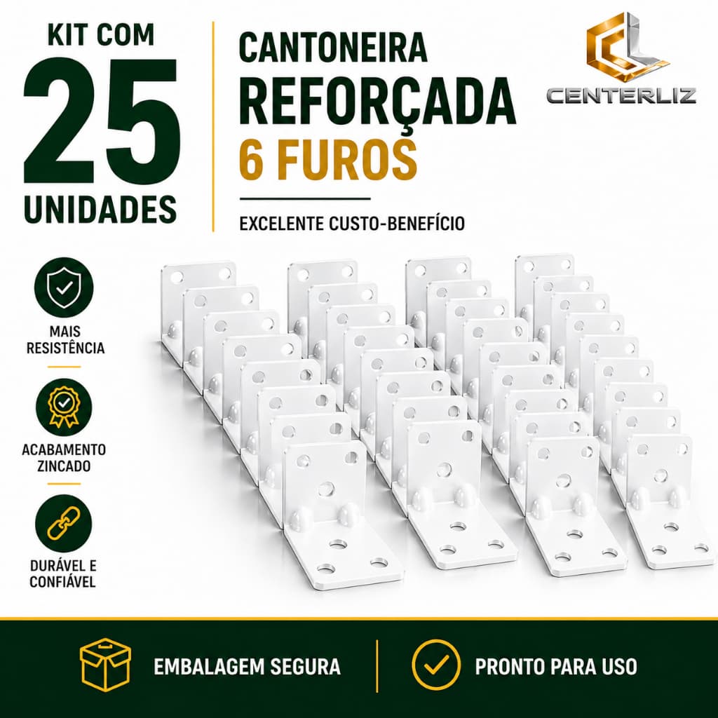 Kit 25 Cantoneiras Reforçadas 6 Furos 2" para Móveis e Prateleiras Preto/Branco/Zincado