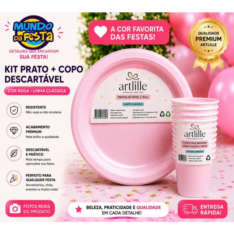 Kit Premium Prato e Copo Papel Biodegradável Descartável Rosa Bebe Linha Classica Art Lille