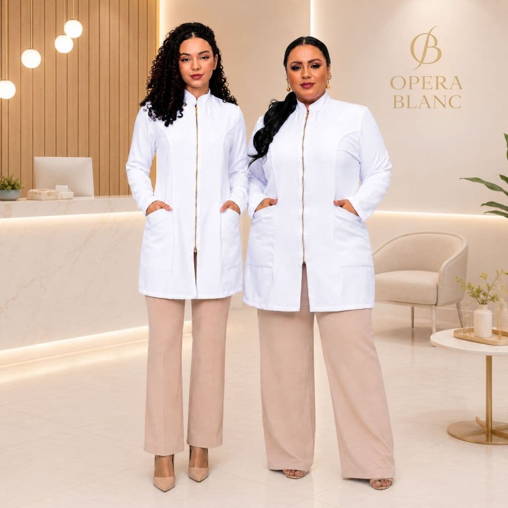 Jaleco Feminino Manga Longa com Zíper Dourado Slim Tecido Alfaiataria com Elastano Plus Size