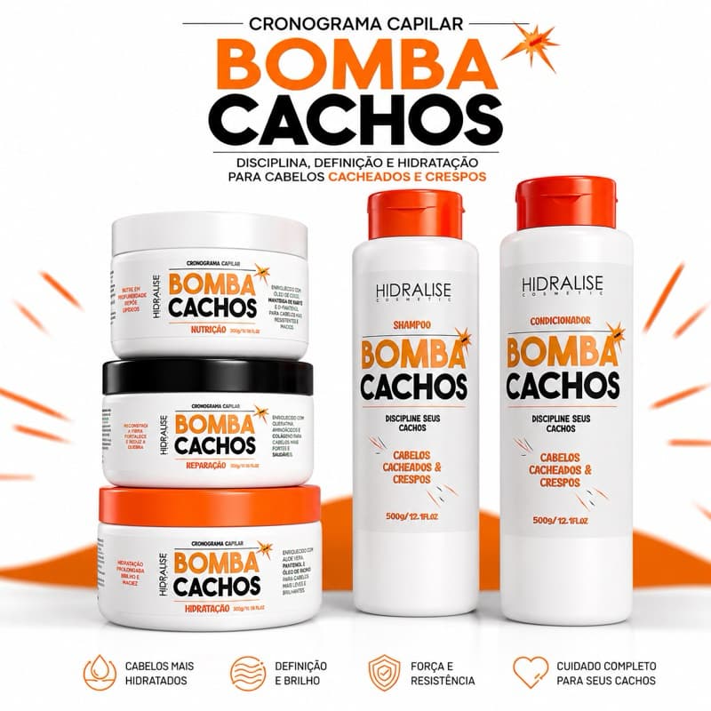 KIT SHAMPOO + CONDICIONADOR BOMBA CACHOS 500ML + CRONOGRAMA CAPILAR HIDRALISE