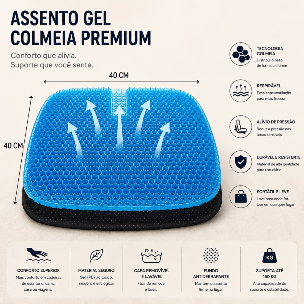 Almofada em Gel Favo de Mel Grande e Grossa Fresca Respirável Anticansaço para Escritório Casa e Carro