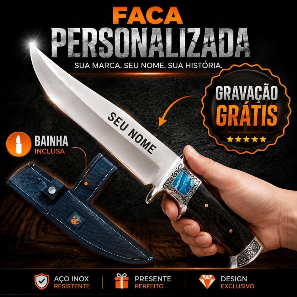Faca Grande com Nome Personalizado Cabo de Madeira Lâmina inox