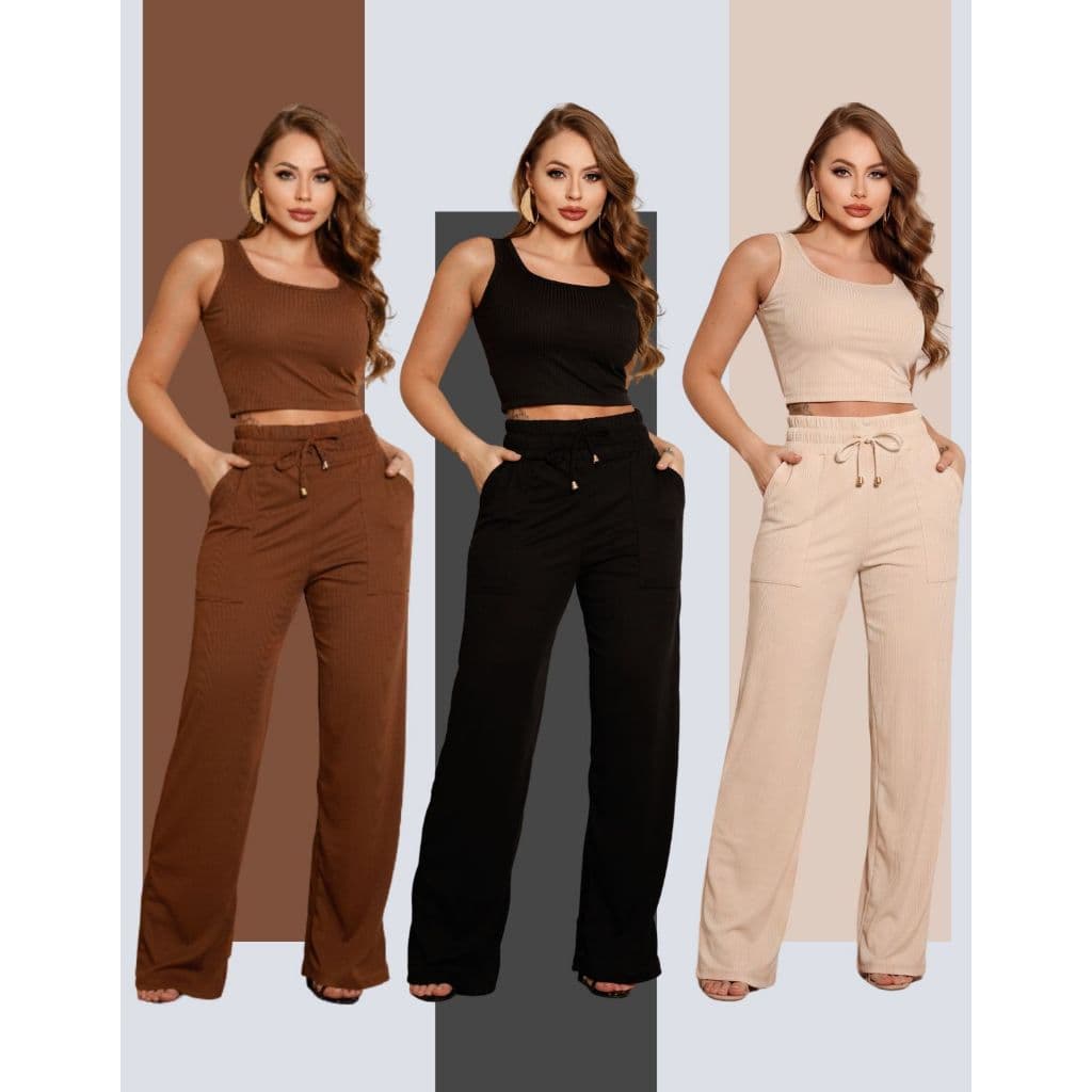 Conjunto Pantalona E Cropped Feminino Wide Leg Canelado Casual Verão