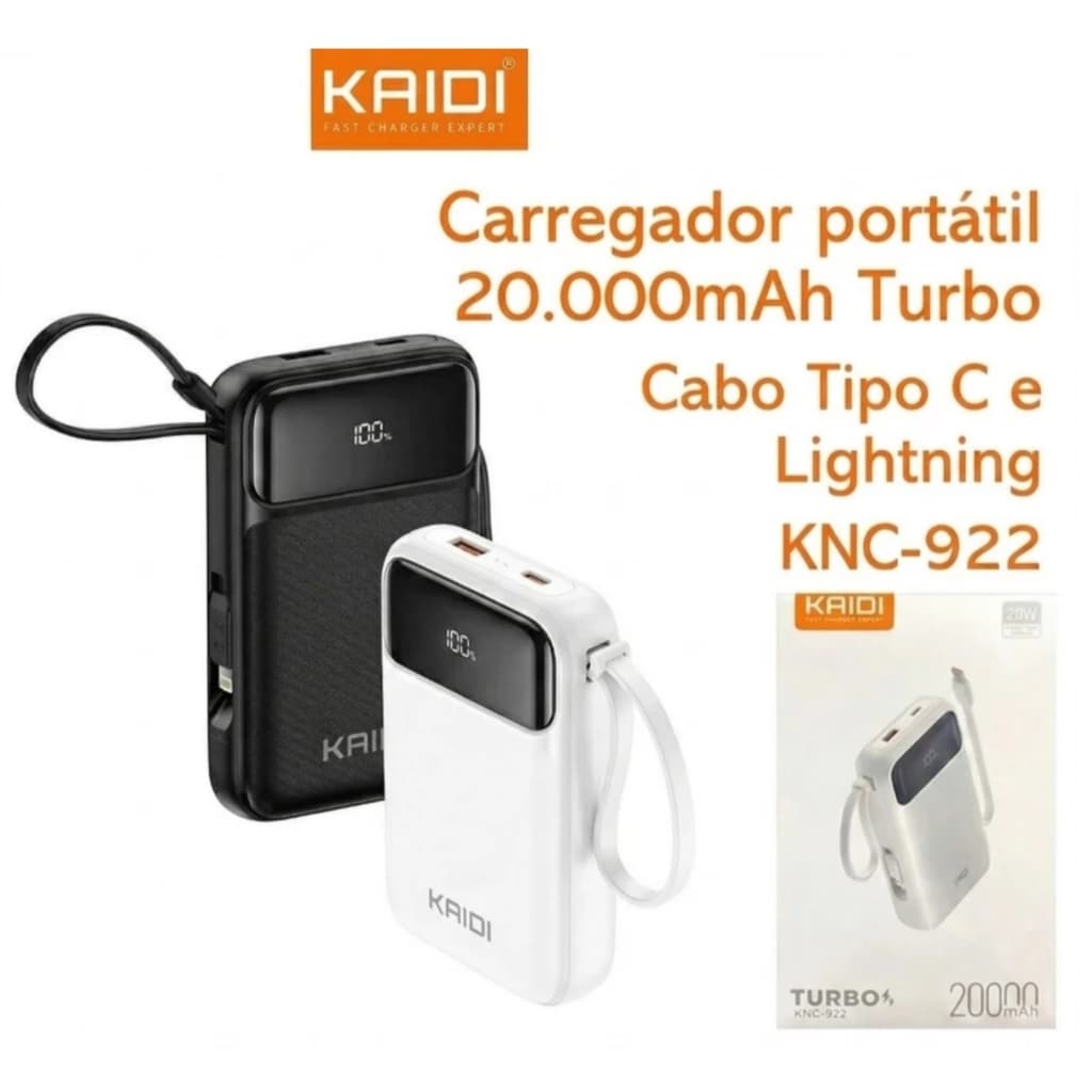 Power Bank 20000mah Kaidi KNC-922 Turbo Original Carregador Portátil Fast Charge Com Cabos Embutidos USB-C iPhone Androi