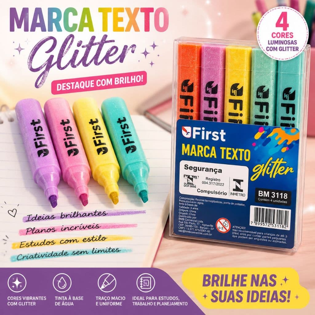 Marca Texto Glitter Caneta Marca Texto Escolar Papelaria Estudo Destaque Colorido