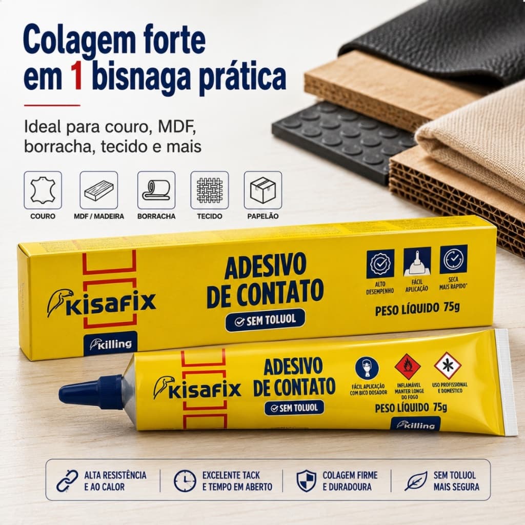 Cola Sapateiro Couro Forte Lâminas Carpetes Borracha Adesivo Contato Kisafix Bisnaga 75gr