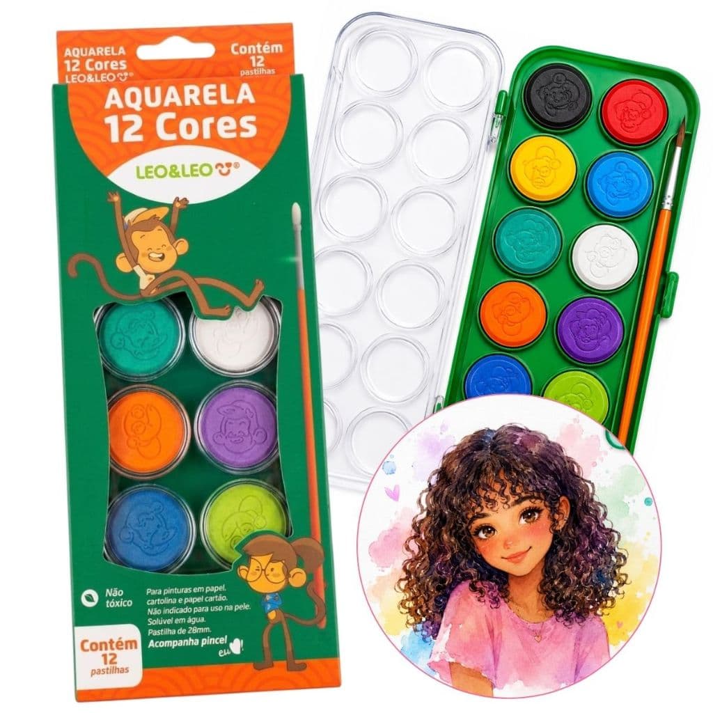 Estojo Aquarela 12 Cores Escolar Tinta e Pincel - Para Personalizar Uso Escolar e Artístico