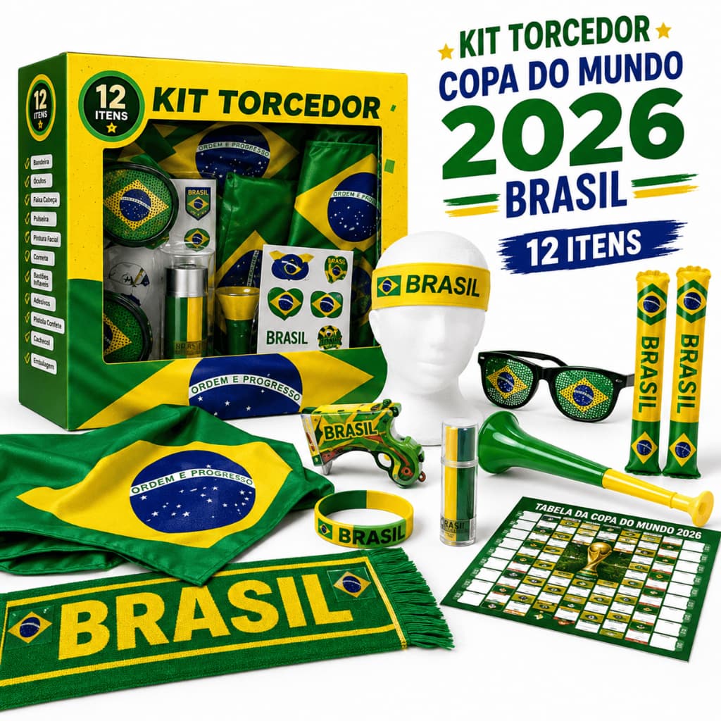 Kit Torcedor Brasil Copa 2026 Completo 12 Itens Bandeira Brasileira Óculos Pintura Facial