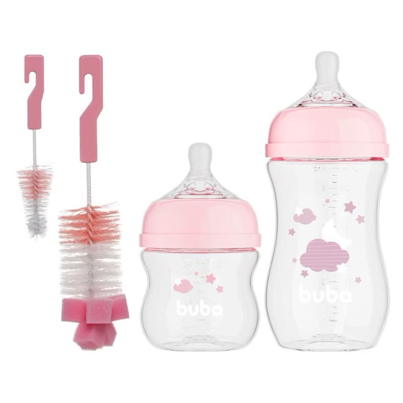 KIT Mamadeira Easy Flow Buba Anticólica 120ML E 270ML + Escovas de Lavar Mamadeira Rosa