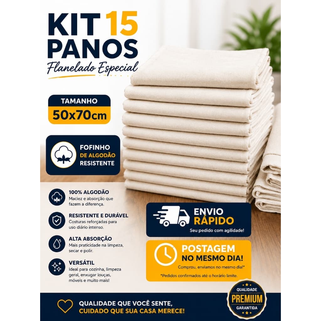 Kit 15 Pano de Chão Flanelado Cru 50x70cm Algodão Grosso Alta Absorção