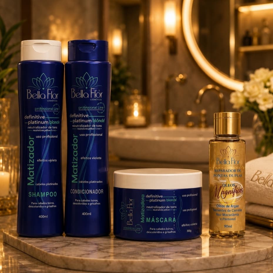 Kit Capilar Matizador Blond Platinum 4 Produtos Shampoo Condicionador Máscara Reparador de Pontas Bella Flor