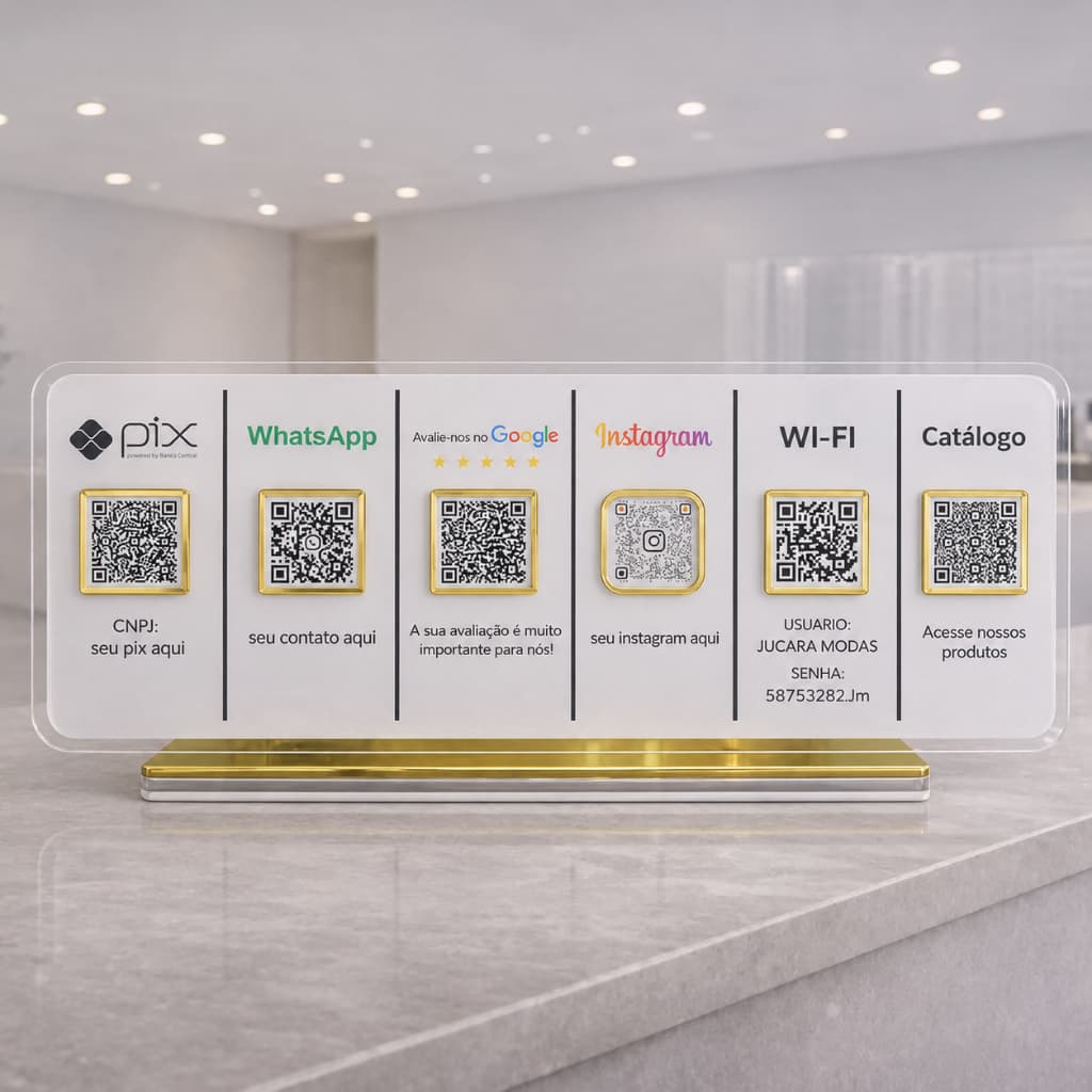 Placa Leitura 6 QR Code Acrílico Espelhado Personalizada com Logotipo