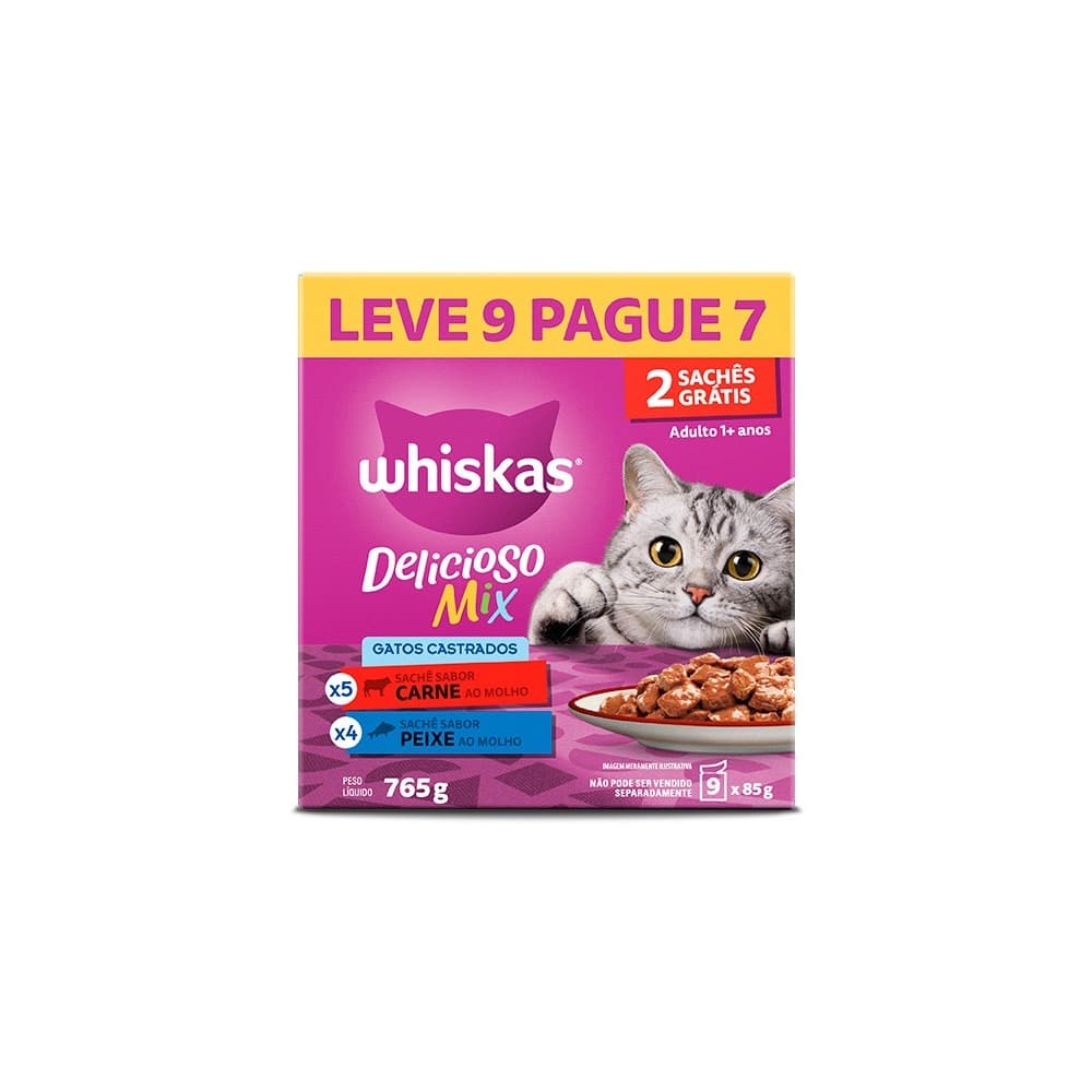 Ração Úmida Whiskas Sachê Gatos Adultos Castrados Carne e Peixe Leve 9 Pague 7