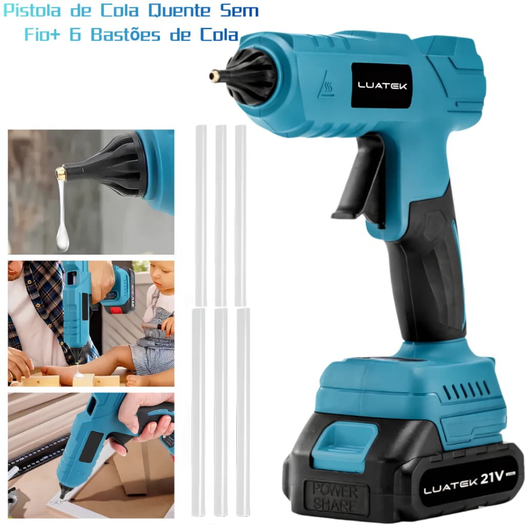 Pistola de Cola Quente 21V Sem Fio com 2 Baterias Inclusas + 6 Bastões de Cola para Artesanato e Repa