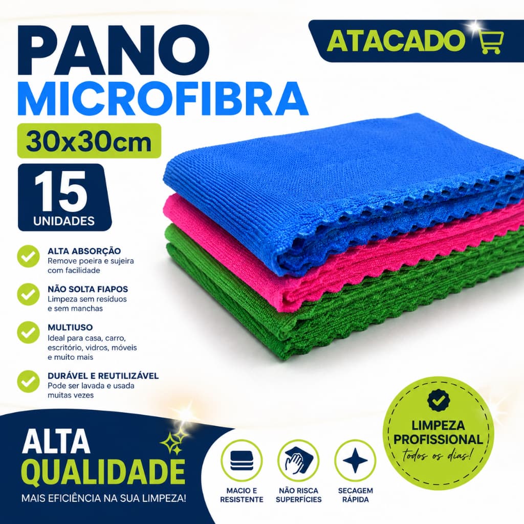 Kit 15 Flanela Microfibra Pano Multiuso Limpa Vidro Carro Automotivo Pia 30X30