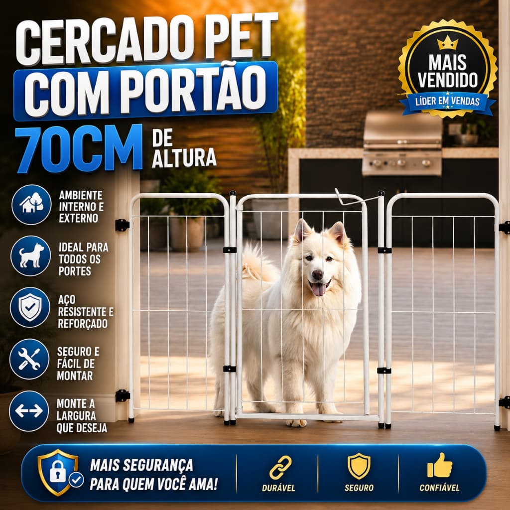 Cercado Pet com Portão 70cm Altura – Grade de Proteção para Cachorro em Aço Reforçado 1 a 10 Módulos
