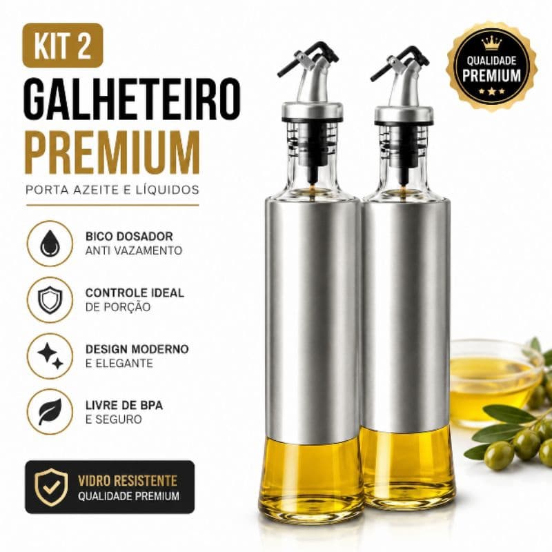 Kit Galheteiro Azeiteiro Vidro Tampa Abre Fecha Vinagre Óleo