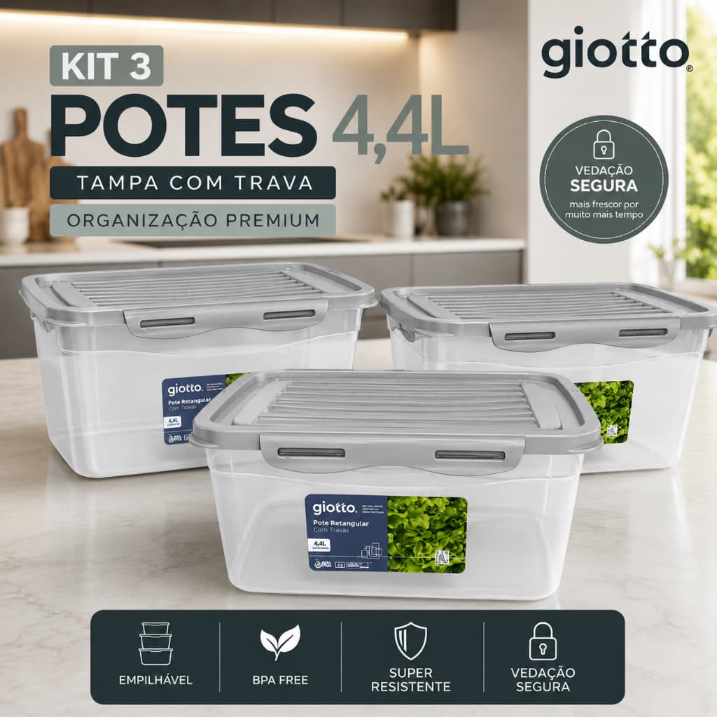 Kit 3 Potes Tampa Trava Alto 4,4l Cinza Freezer Microondas armazenamento alimentos Giotto