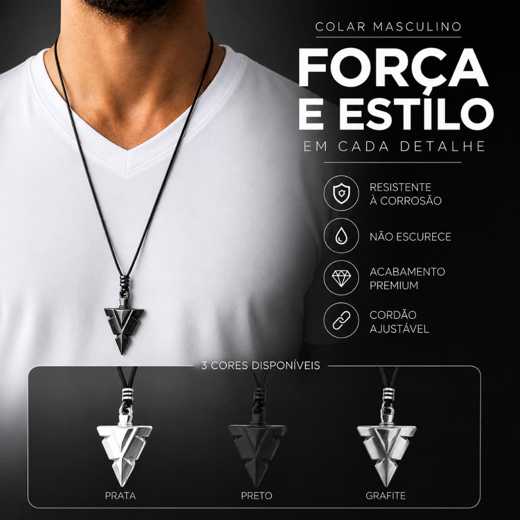 Colar Masculino Ponta de Flecha Tribal Cordão Ajustável Regulável Pingente Premium Presente